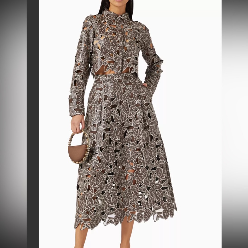 Toccin Chic Leaf Perforated Midi Vegan Leather Skirt - NWT